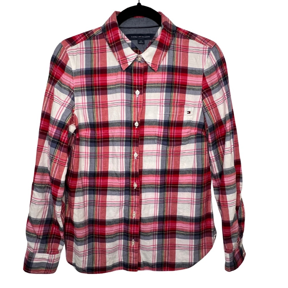 EUC Women’s Tommy Hilfiger Navy & Hot Pink Plaid Flannel Shirt Size 2